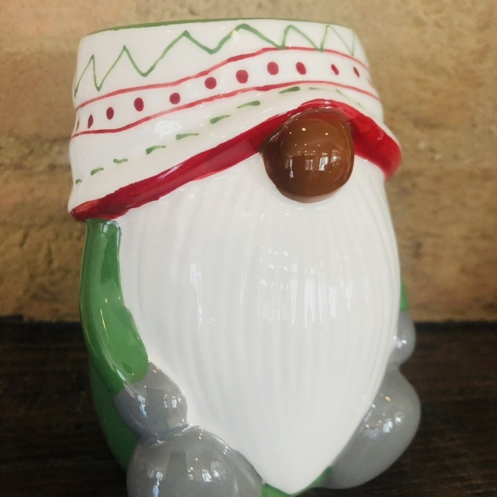 Pottery Barn Christmas GNOME Shaped Mug Green Sweater Scarf Ceramic 12oz NEW